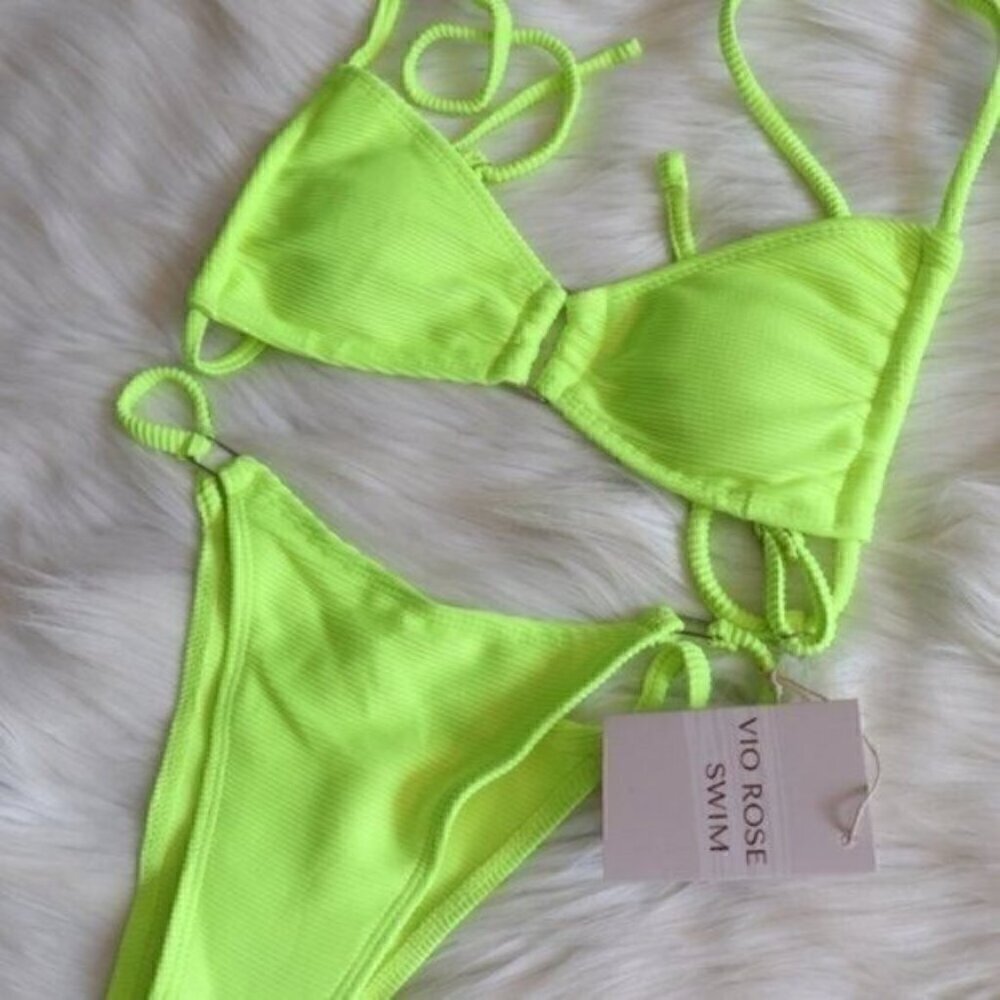 NWT Neon Green Bikini Set Size Large Ribbed Sexy Bathing Suit - Picture 5 of 9